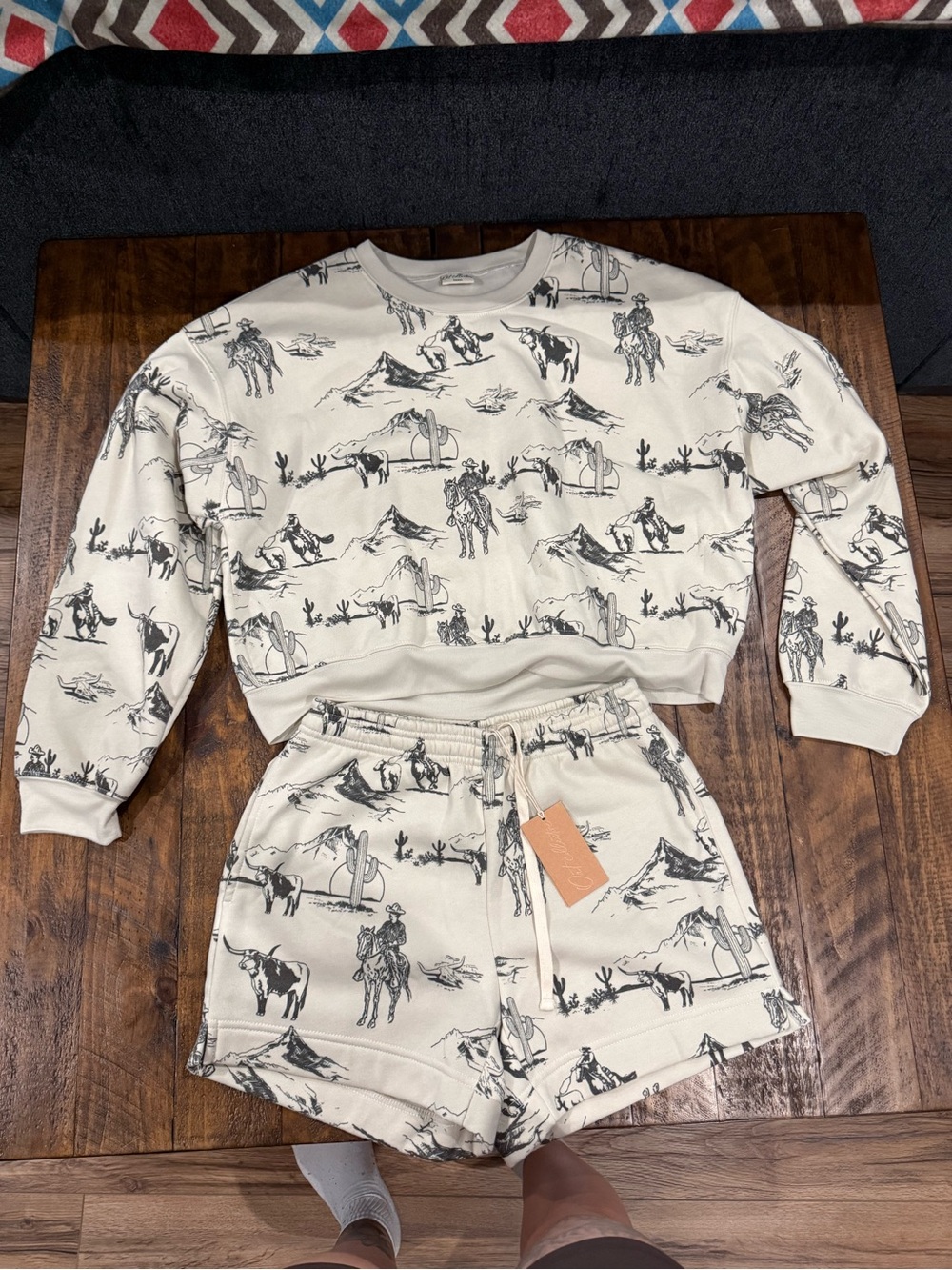 Cream Western-Print Lounge Sweatshirt & Shorts Set